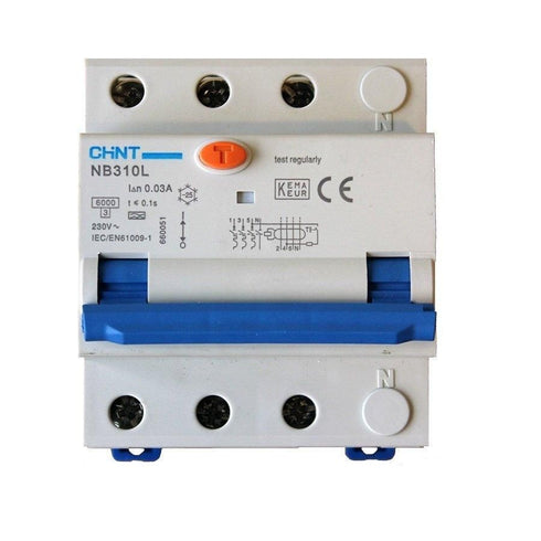 CHiNT — Jordfeilautomatsikring — Kombiautomatsikring — Type A — 30mA — 16A/20A/25A/32A/40A — C-KAR — 3-pol